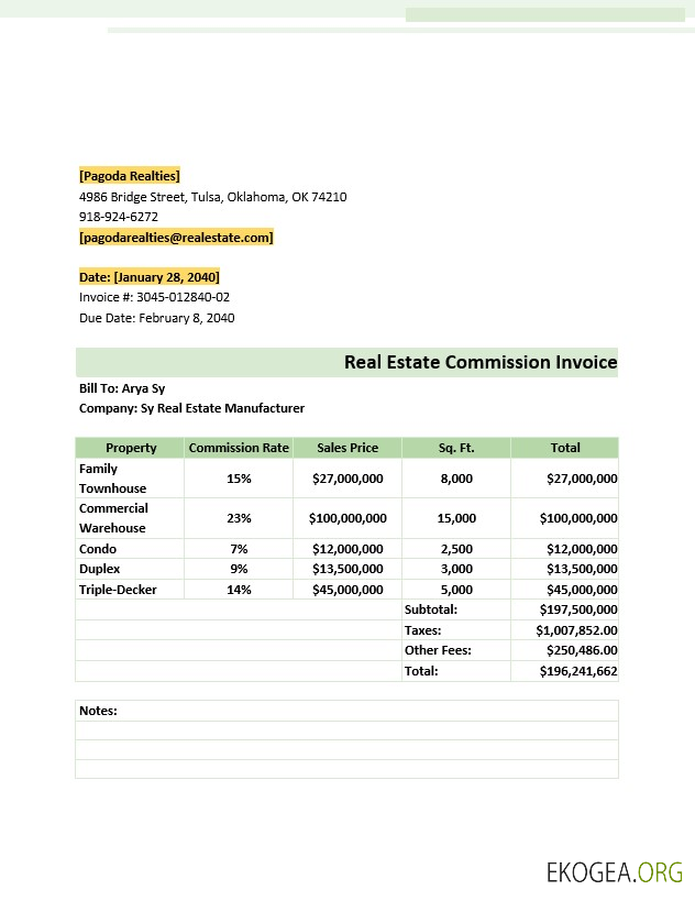 Modèle de facture de commission immobilière